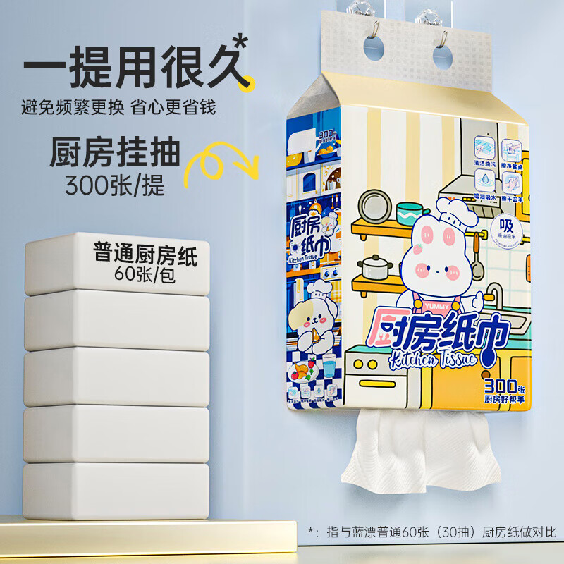 Lan Piao cute pet kitchen paper towel kitchen paper towel wall-mounted kitchen paper water-absorbent oil-absorbent paper 2 layers 300 sheets * 2 packs