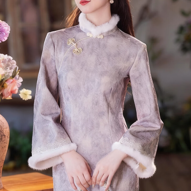 Du Yanzhi 2025 winter new style jacquard composite super soft plus velvet thickened long cheongsam light purple noble and elegant temperament cheongsam light purple plus velvet L 100-110 catties (height standard of 1.6 meters)
