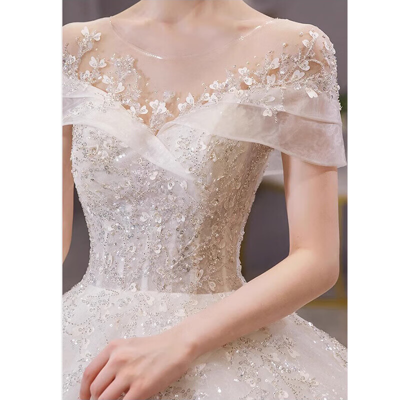 Flashing girly French one-shoulder wedding dress for brides 2025 new main yarn small person covering arms and tail large size texture tail-white model comes with veil gloves skirt support XL (116-124 pounds)