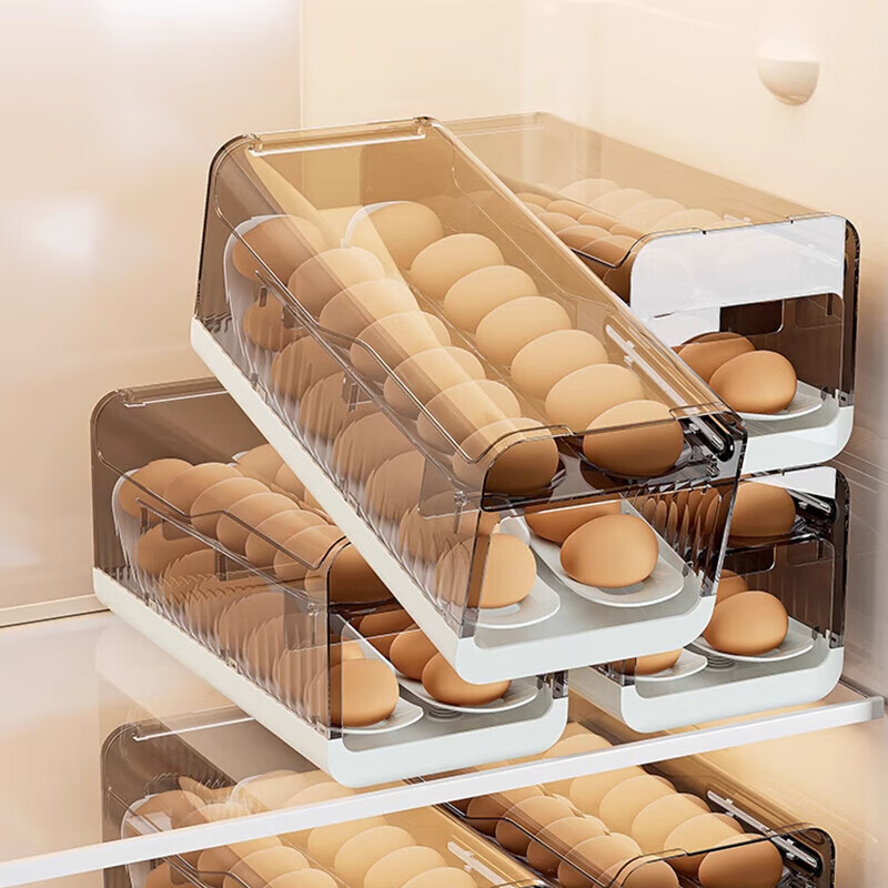 Home KATEI STORY Japanese refrigerator egg storage box drawer-type egg box refrigerator food-grade crisper rolling egg storage device ivory white 2 pieces double layer can be timed to keep fresh