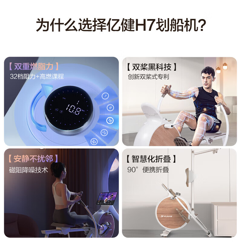 YIJIAN H7 Intelligent Magnetic Resistance Rowing Machine Home Sculls Folding Aerobics Fitness Training Equipment Premium Edition - Magnetic Control Unplugged - Sculls Rowing