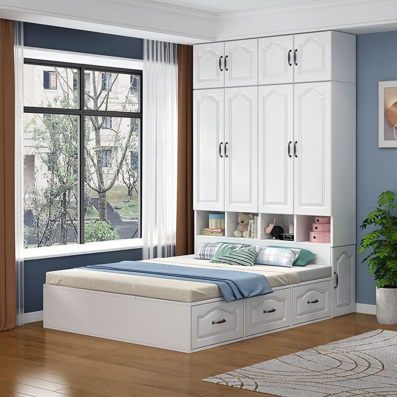 Yusenyi Tatami Wardrobe and Bed Cabinet Integrated Combination Clothes Cabinet Desk Wardrobe Small Apartment Multifunctional Hollow Children's Bed Solid Wood Tatami + Standing Cabinet + Desk + Mattress 1.2m*2m