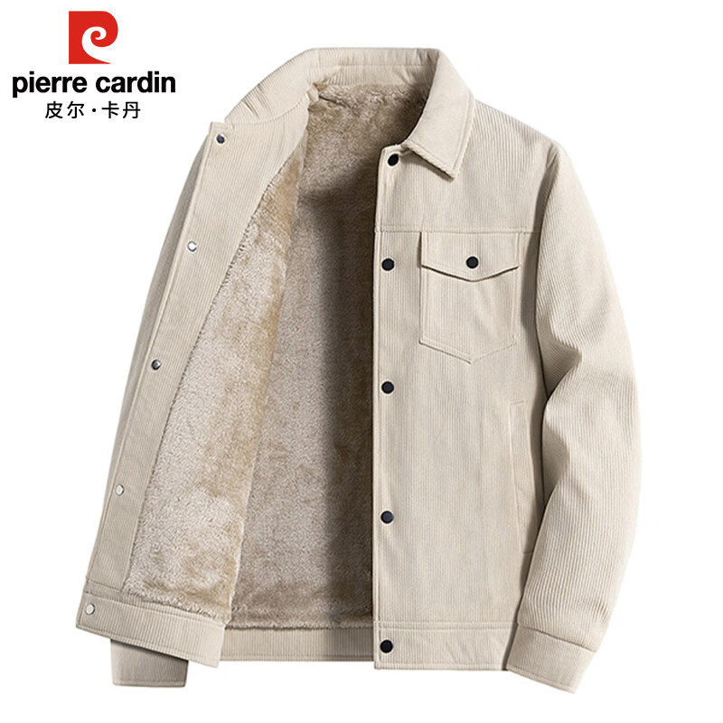 Pierre Cardin Corduroy Jacket Men's Autumn and Winter Plush Warm Jacket Men's Lapel Work Clothing Top Men's Coffee XL