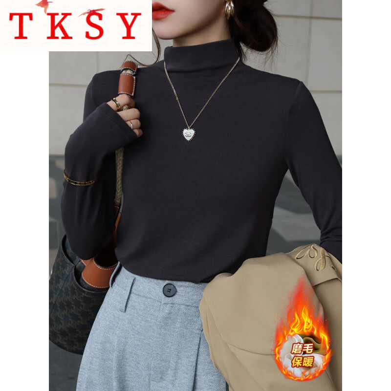 TKSY bottoming shirt for women 2025 new black half-high collar can be worn outside autumn and winter dark gray mid-collar long-sleeved top tinware gray upgraded brushing / style thickened S