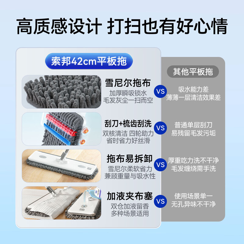 Sorbonne flat mop 42cm 4 cloth household one-mop hand-free chenille mop mopping artifact with bucket set