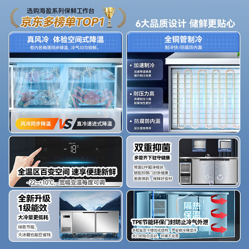 Haier air-cooled frost-free fresh-keeping workbench refrigerated single-temperature operating table freezer freezer bar hotel refrigerator kitchen stainless steel commercial freezer 1.5-meter air-cooled frost-free refrigeration/freezing conversion