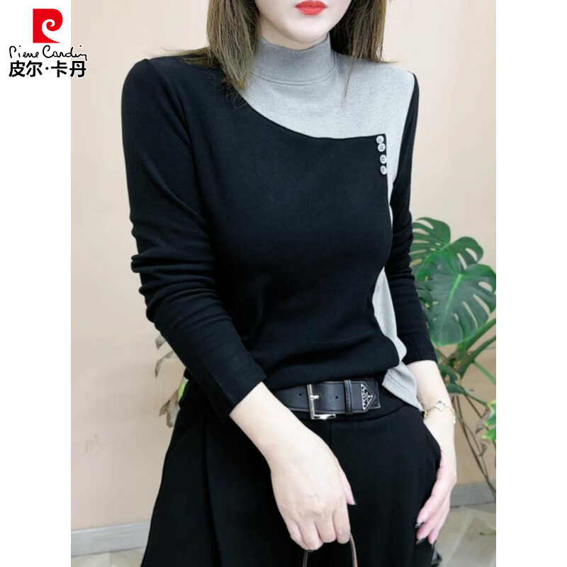 Pierre Cardin thickened German velvet half turtleneck top for women 2025 autumn and winter with warm base layer for women color block long-sleeved T-shirt green M recommended 85-105 catties