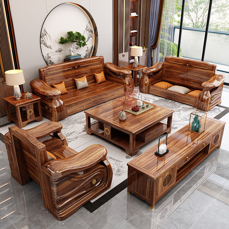 Yunmei Jiayuan black gold solid wood sofa living room 2025 new Chinese-style apartment size winter and summer dual-use chaise corner storage four-seater + chaise + middle cabinet + single seat + long coffee table + square table + TV cabinet