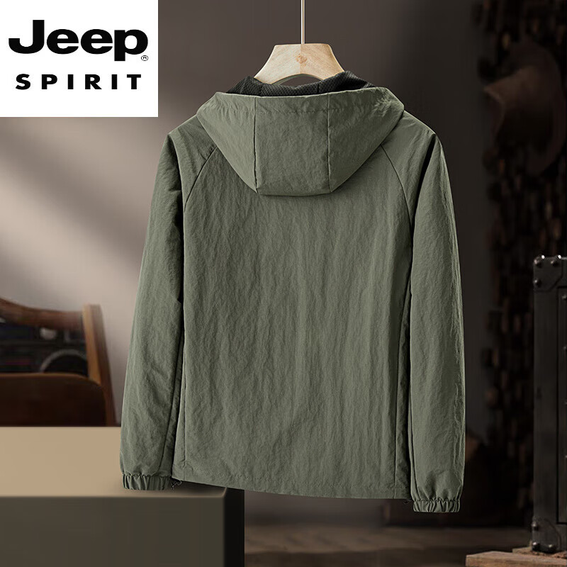 JEEP SPIRIT men's jacket hooded 2025 new spring and autumn men's large size men's outdoor mountain style thin jacket XTFS-XTJK9077 military green 5XL