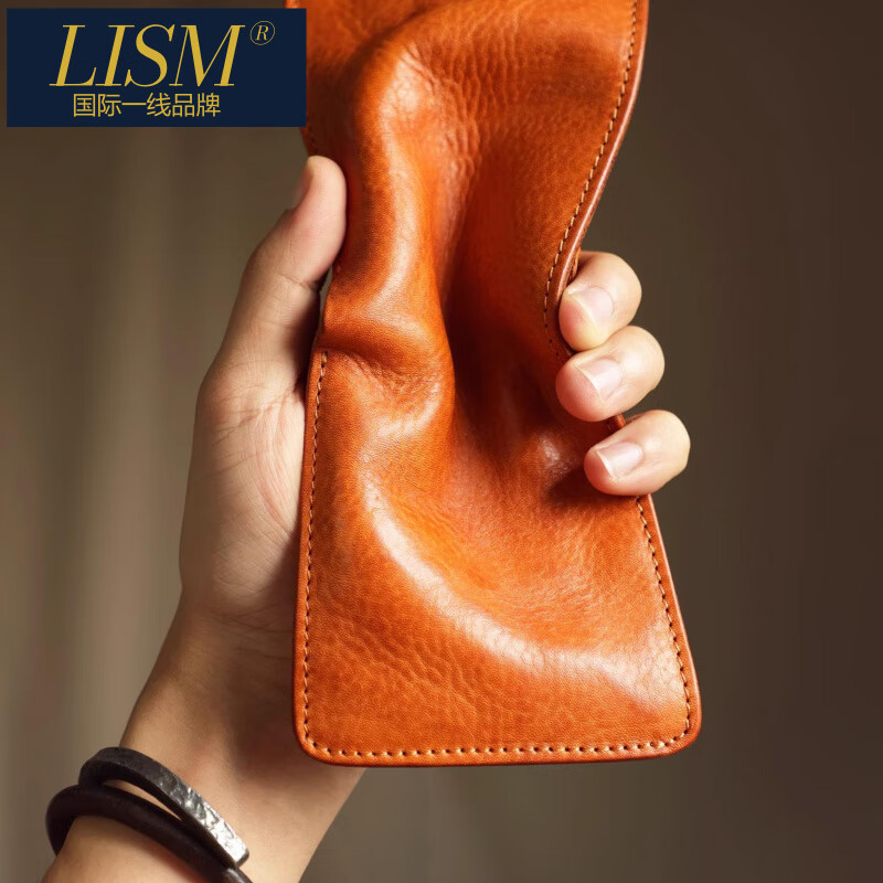 LISM international first-line brand washed top layer super soft cowhide handmade short retro wallet wallet card bag for men and women sunset yellow