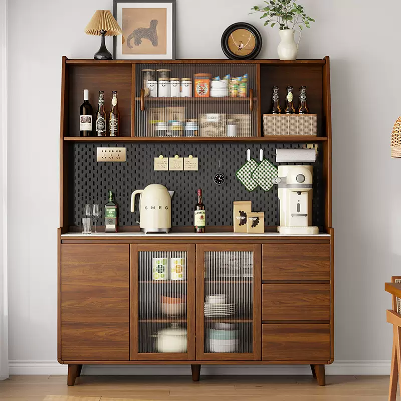 Pupan solid wood sideboard against the wall integrated storage cabinet double layer multi-functional wine cabinet storage cabinet new Chinese tea cabinet all solid wood full panel door cabinet length 180CM free installation