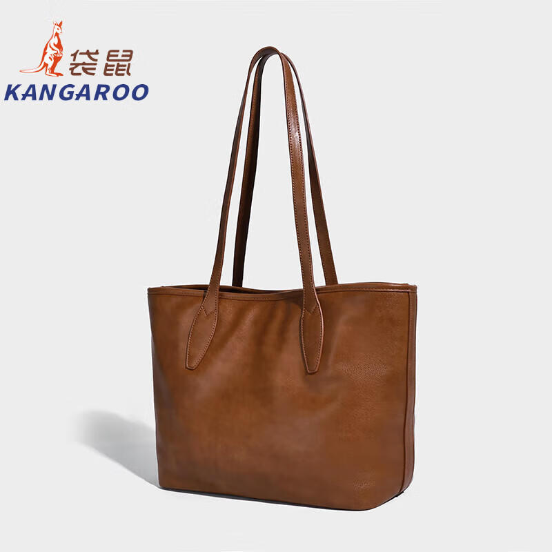 Kangaroo (KANGAROO) launches new vegetable tanned soft leather tote bag for women, large capacity commuting shoulder bag, casual and simple design, daily outing, coffee color 33*15*27CM