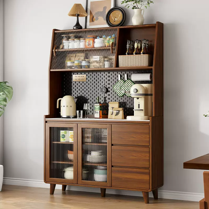 Pupan solid wood sideboard against the wall integrated storage cabinet double layer multi-functional wine cabinet storage cabinet new Chinese tea cabinet all solid wood full panel door cabinet length 180CM free installation