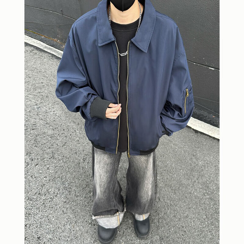 POUM American bomber jacket men's winter velvet thickened warm baseball uniform 26185M Navy M