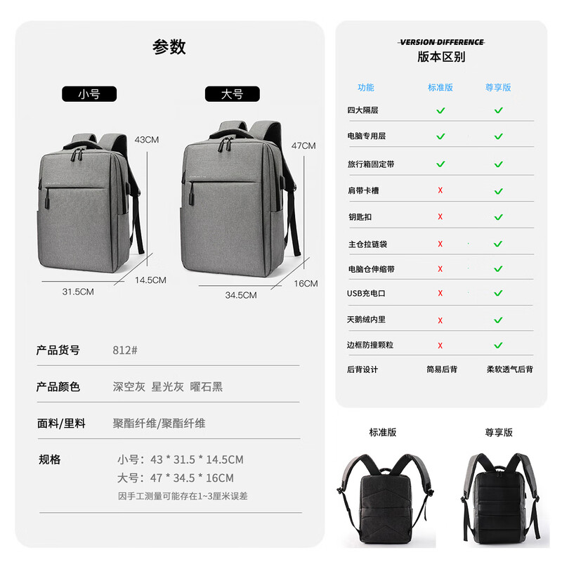 JINSHIWQ Backpack Men's and Women's Backpack Notebook 16/17-inch Computer Bag School Bag College Student Standard - Obsidian Black Small Size