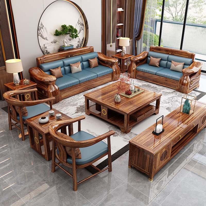 Yunmei Jiayuan black gold solid wood sofa living room 2025 new Chinese-style apartment size winter and summer dual-use chaise corner storage four-seater + chaise + middle cabinet + single seat + long coffee table + square table + TV cabinet