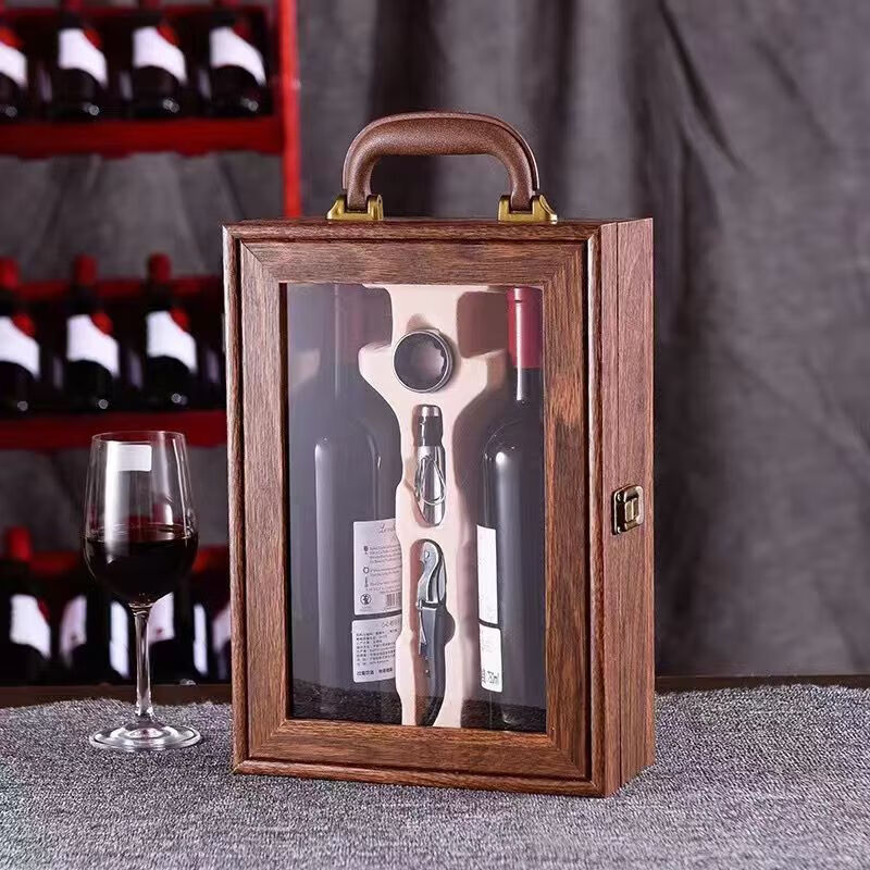 Du Zhunyu red wine gift box 2 empty boxes new luxury sub-wine box 2 bottles gift wine box retro black leather wood knot window open to view two wine bottles + wine utensils (excluding wine)