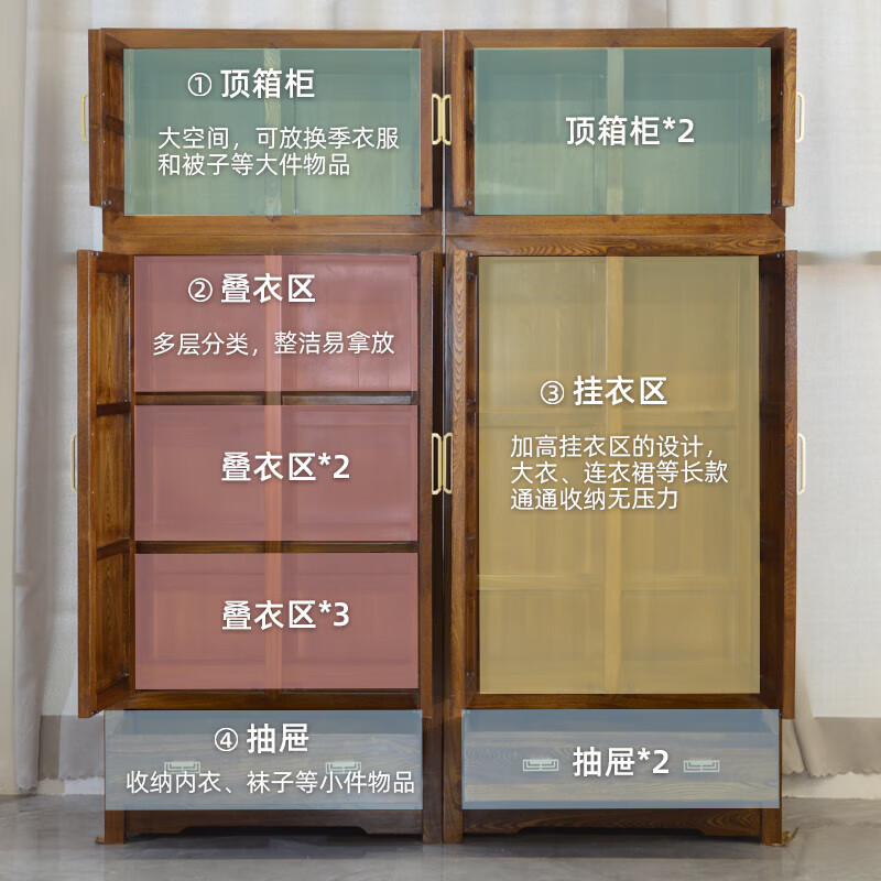 Master Yu old elm solid wood wardrobe flat door new Chinese style log bedroom wardrobe top box cabinet home combination storage cabinet