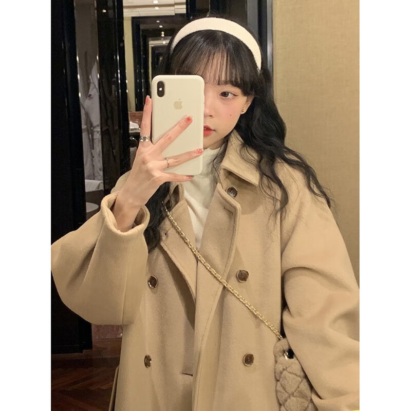 Korean style small women's woolen coat 2025 new autumn and winter thickened quilted woolen mid-length coat windbreaker milk coffee color cotton thickened L