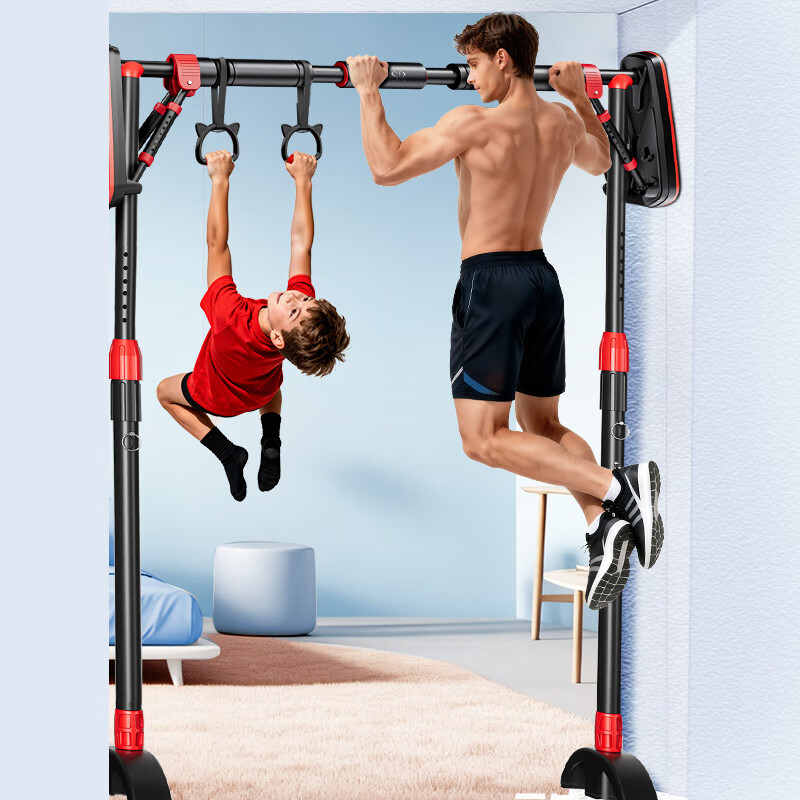 JNBSR horizontal bar indoor home pull-up horizontal bar punch-free junior high school students and children home wall door frame floor-standing black and red horizontal bar + hanging ring + hammock + yoga mat 130-160CM
