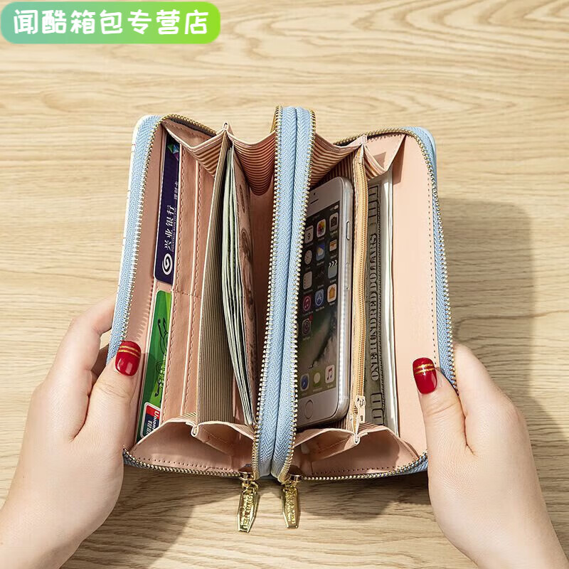 Ms. Ye Yu's long versatile double zipper Korean style student letter large capacity mobile phone bag clutch bag soft coin purse blue