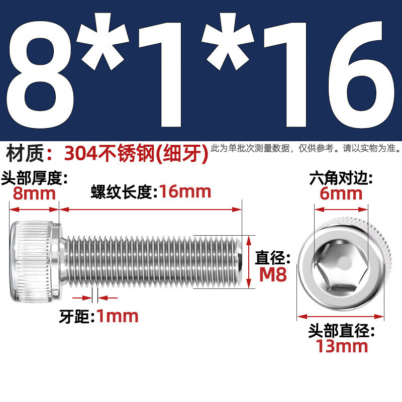 Tianzhuo Hardware Fine Thread Hexagon Screw 304 Stainless Steel Fine Thread Cylindrical Head Bolt M6M8M10M12*1/1.25/1.5mm M8*1*16 5 pcs