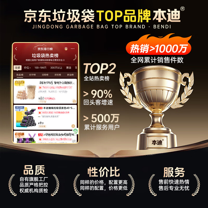 Bendi drawstring garbage bag black 45*50cm*200 thickened 1.2 silk large tear-free household plastic bag bucket