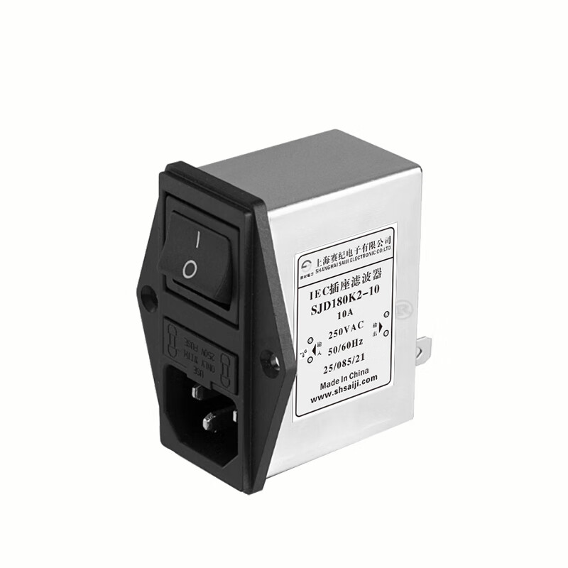 Saiji IEC power socket SJD100 electromagnetic interference straight-through pin PCB board special filter SJD160K 180K insurance socket filter 220V anti-interference purifier emi anti-interference SJD180K2 double insurance socket with switch 1/3/6/10A filter