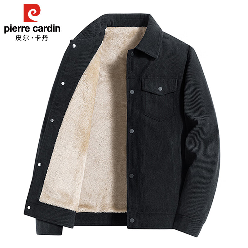 Pierre Cardin Corduroy Jacket Men's Autumn and Winter Plush Warm Jacket Men's Lapel Work Clothing Top Men's Coffee XL