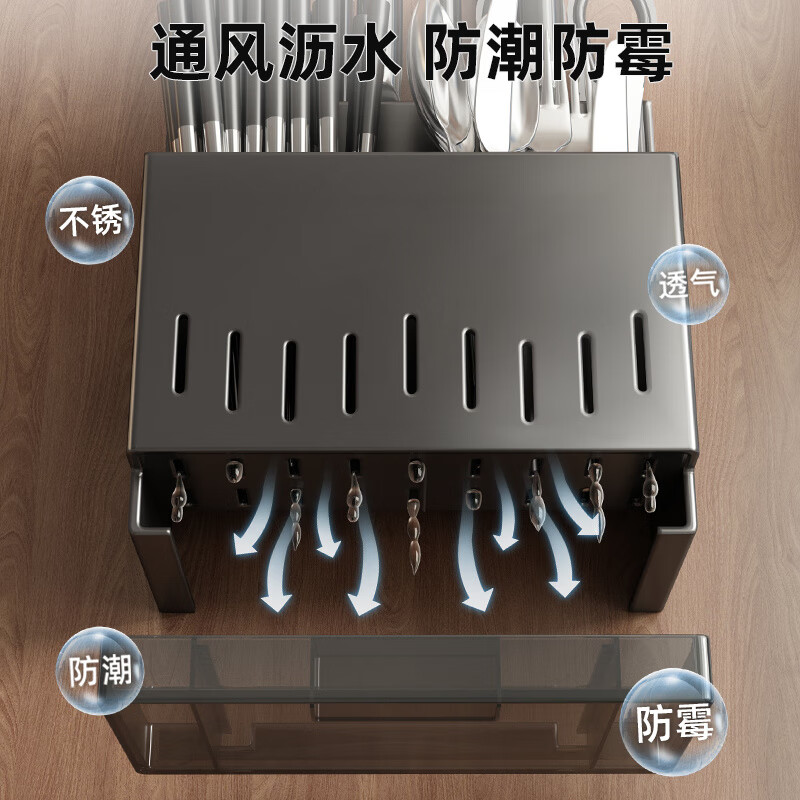Aonian stainless steel knife holder wall-mounted household kitchen multi-functional chopstick cage bucket chopstick barrel knife integrated storage rack stainless steel knife holder two-grid chopsticks and spoon barrel wall table dual-purpose 18cm*19cm