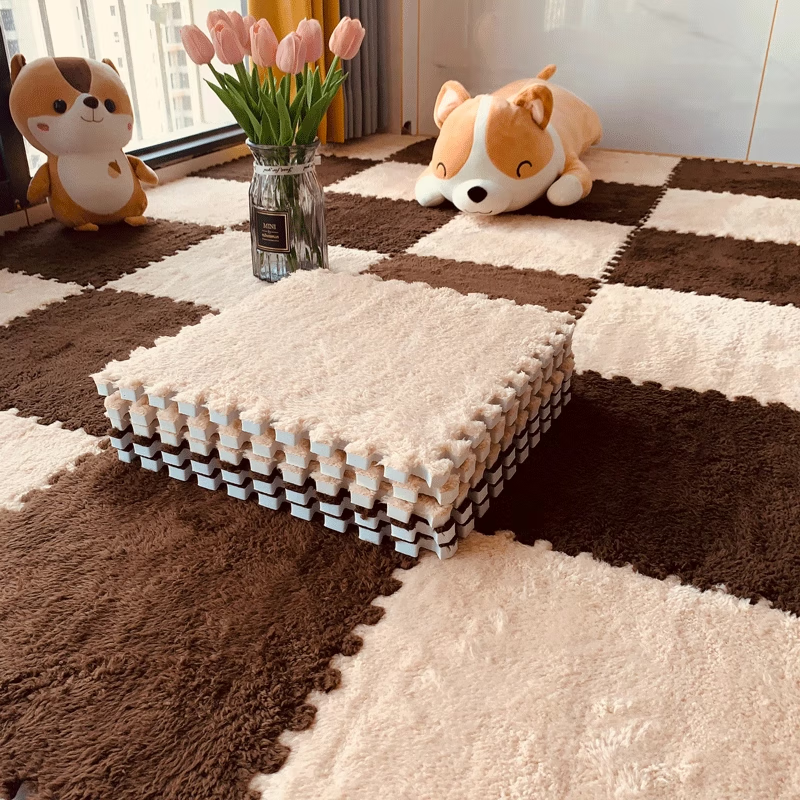 Wanchuang room carpet, bedroom splicing square bedside blanket, stain-resistant, soundproof, fully covered living room floor mat, ins style bay window mat, camel + dark brown color, cuttable, washable, 30*30cm*1cm thickened, 10 pieces packed with edge strips