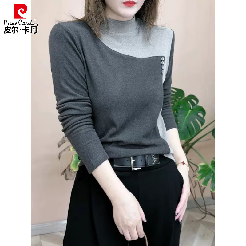 Pierre Cardin thickened German velvet half turtleneck top for women 2025 autumn and winter with warm base layer for women color block long-sleeved T-shirt green M recommended 85-105 catties