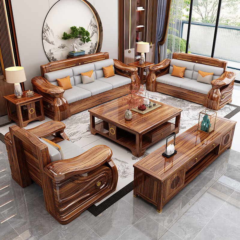 Yunmei Jiayuan black gold solid wood sofa living room 2025 new Chinese-style apartment size winter and summer dual-use chaise corner storage four-seater + chaise + middle cabinet + single seat + long coffee table + square table + TV cabinet