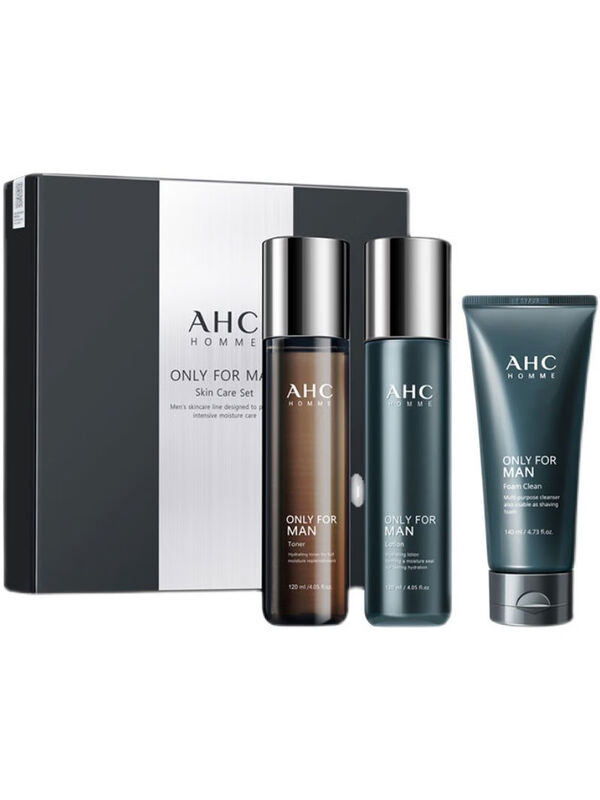 Men's toner and lotion set, facial cleanser and skin care products, three-piece set, non-greasy birthday gift for boys. Give your boyfriend a three-piece set of AHC water + lotion + cleanser.