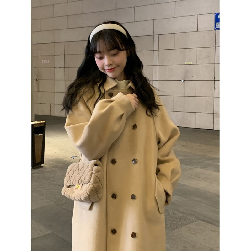 Korean style small women's woolen coat 2025 new autumn and winter thickened quilted woolen mid-length coat windbreaker milk coffee color cotton thickened L