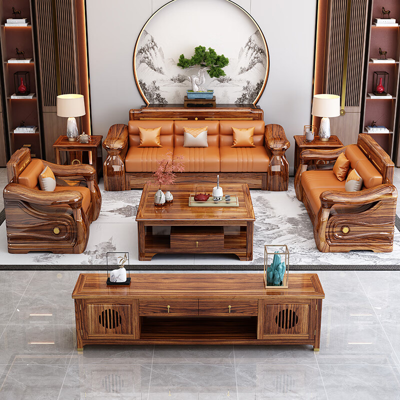 Yunmei Jiayuan black gold solid wood sofa living room 2025 new Chinese-style apartment size winter and summer dual-use chaise corner storage four-seater + chaise + middle cabinet + single seat + long coffee table + square table + TV cabinet