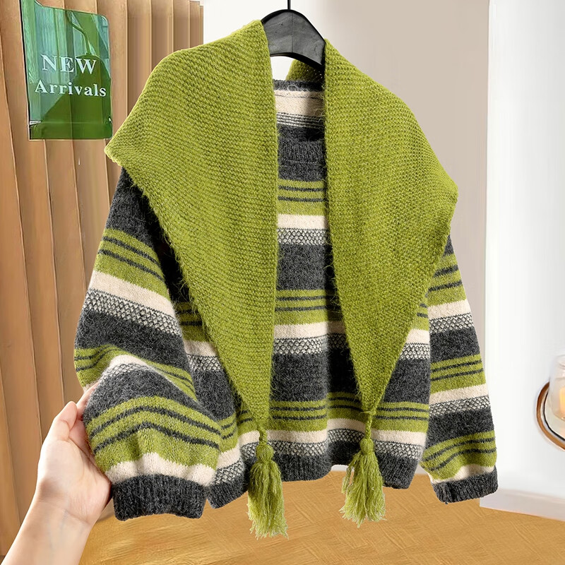 Cypress house with sheep wool Hong Kong style retro striped sweater for women 2025 winter new style lazy style loose top
