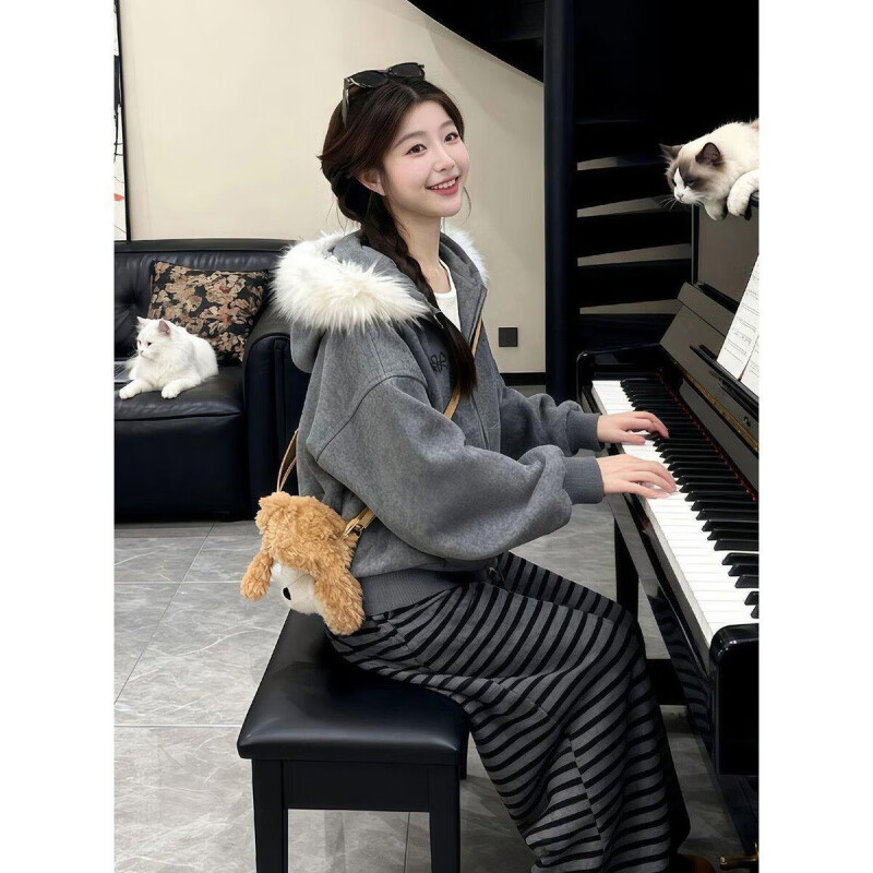 JRET velvet coat for women Korean style gray lazy fur collar 2025 autumn and winter new temperament striped wide-leg pants two-piece set for women fur collar jacket + pants two-piece set plus velvet M recommended 95-110 pounds