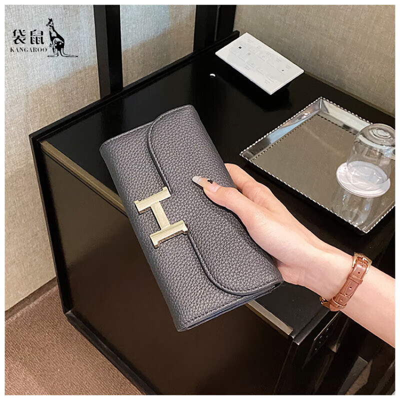 Kangaroo Wallet Long Litchi Pattern Women's Fashion Versatile Covered Wallet Wallet with Large Capacity and Multiple Card Slots Trendy Black