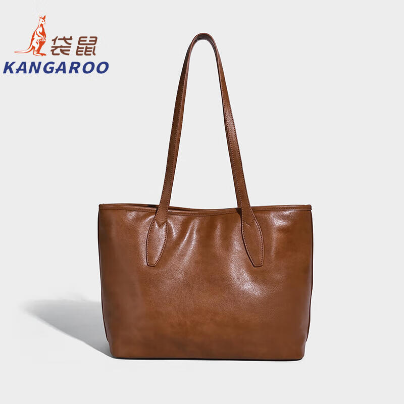 Kangaroo (KANGAROO) launches new vegetable tanned soft leather tote bag for women, large capacity commuting shoulder bag, casual and simple design, daily outing, coffee color 33*15*27CM