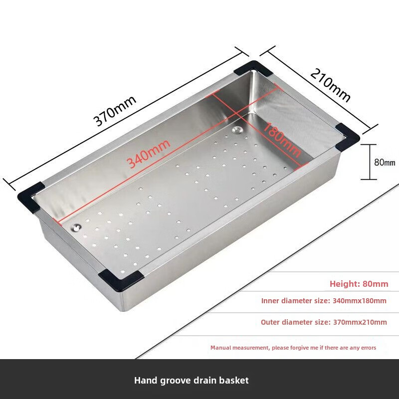 Complete 304 stainless steel kitchen sink drainage basket thickened rectangular fruit plate 304 round hole 33.5X21