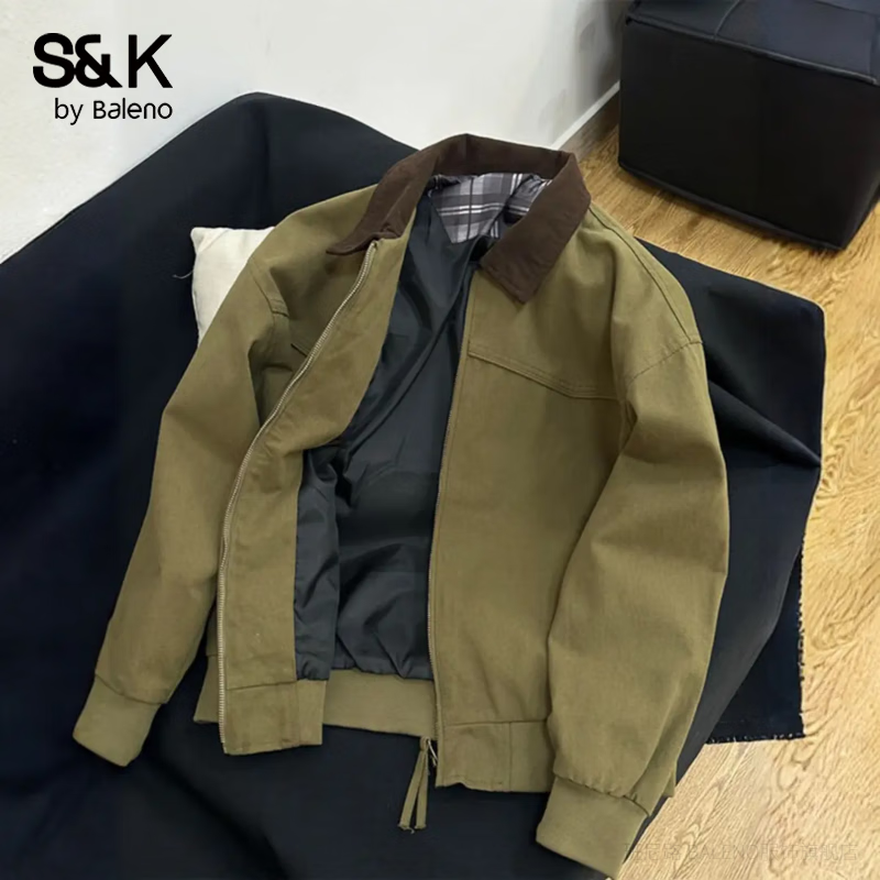 Baleno S&K series jacket men's autumn and winter thickened cotton lapel American baseball uniform Pishuai 2025 new jacket J182 olive coat L recommended (130-150 pounds)