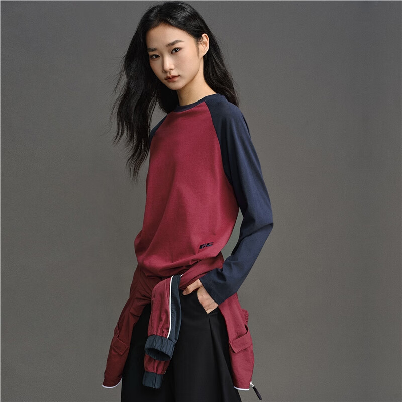 GIORDANO CONCEPTS 2025 autumn and winter new long-sleeved T-shirt women's pure cotton embroidered contrasting raglan loose round neck top 12325016