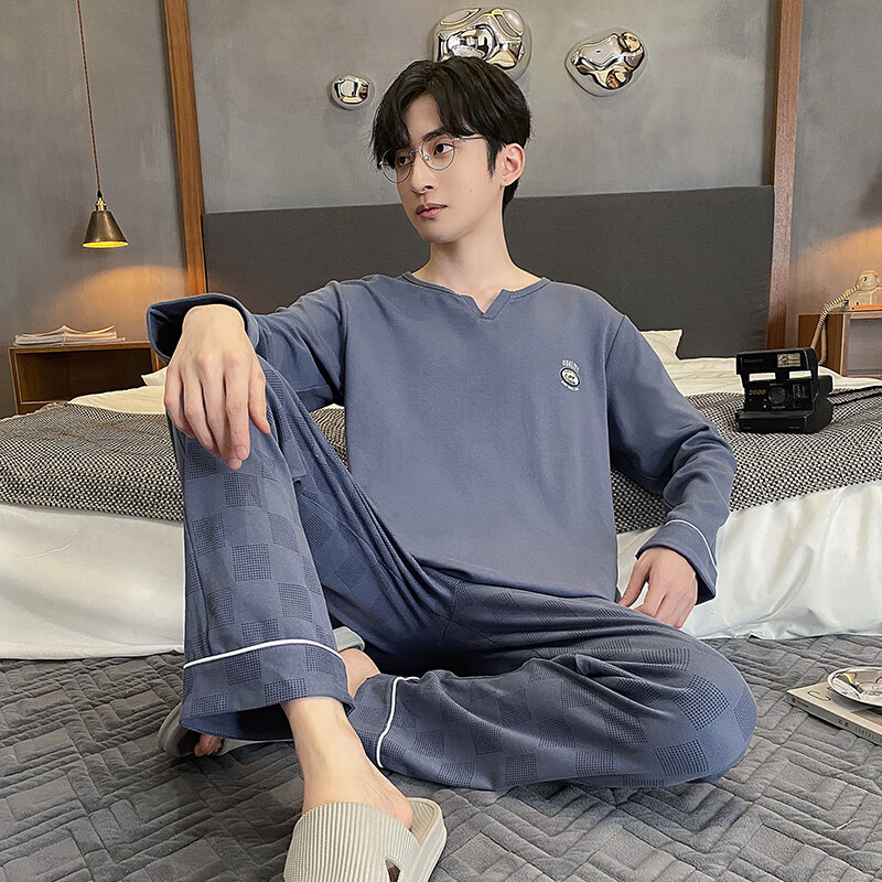 Yu Zhaolin pajamas men's cotton autumn and winter long-sleeved simple casual youth large size can be worn outside all seasons pullover home clothes