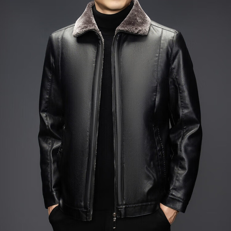 The same leather jacket for men in winter plus velvet and thickened lamb fur all-in-one leather jacket for men black 3XL 190