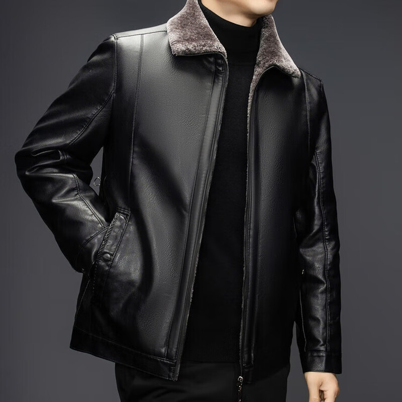 The same leather jacket for men in winter plus velvet and thickened lamb fur all-in-one leather jacket for men black 3XL 190