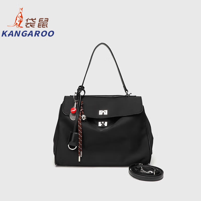 Kangaroo (KANGAROO) launches new Kelly single-shoulder nylon leather handbag for women, armpit lock buckle design commuting tote large capacity simple bag, black medium size (35) (without accessories)