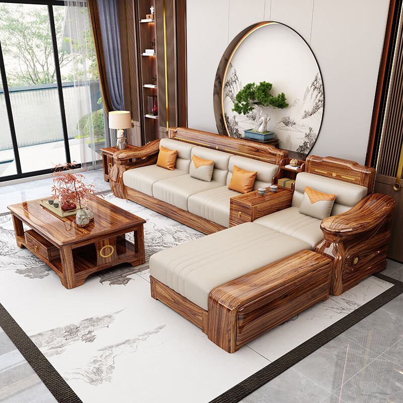 Yunmei Jiayuan black gold solid wood sofa living room 2025 new Chinese-style apartment size winter and summer dual-use chaise corner storage four-seater + chaise + middle cabinet + single seat + long coffee table + square table + TV cabinet