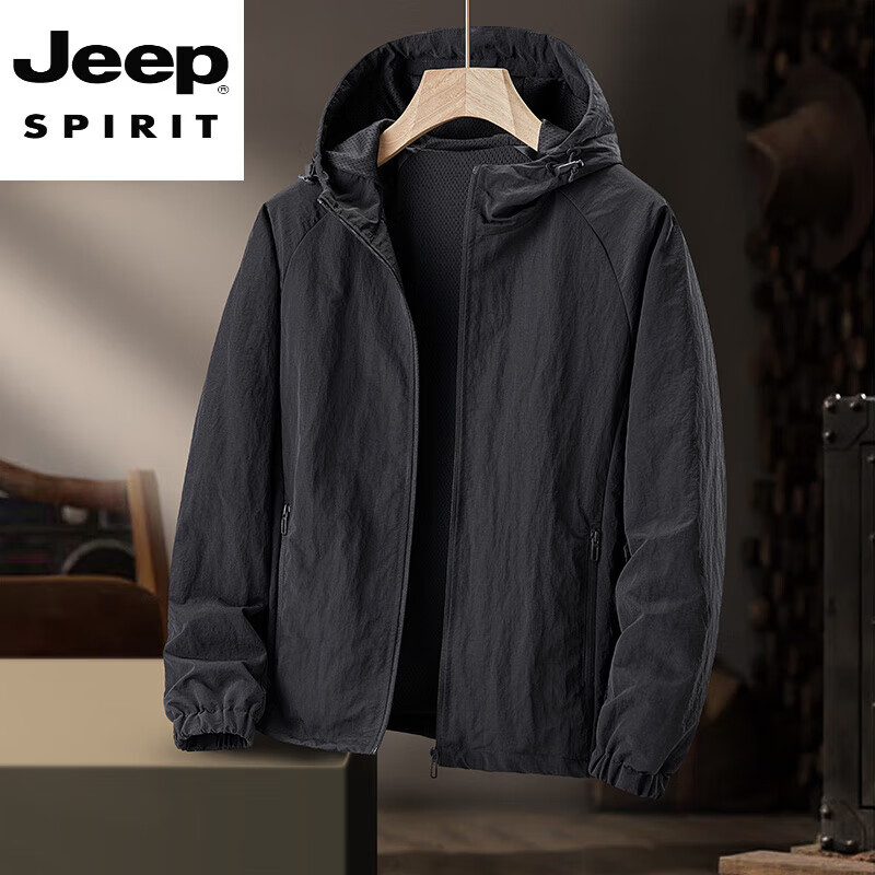 JEEP SPIRIT men's jacket hooded 2025 new spring and autumn men's large size men's outdoor mountain style thin jacket XTFS-XTJK9077 military green 5XL