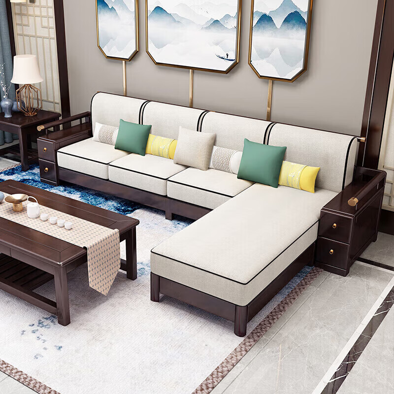 Sanskrit new Chinese style all-solid wood sofa combination modern simple large-sized living room removable and washable fabric sofa for winter and summer